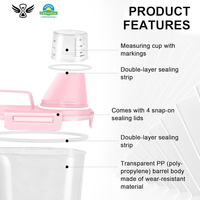 LEAWALK Airtight Rice Storage Container, 3 to 5Lbs Cereal Dry Food Flour and Sugar Bin, Pet Dog Cat Food Dispenser with Measuring Cup, BPA Free Clear Plastic Kitchen and Pantry Organization Bin-Pink