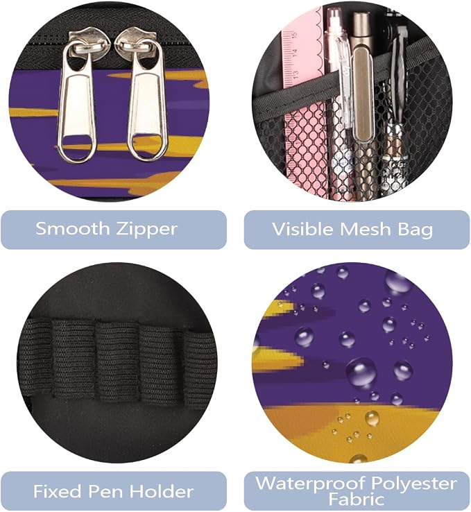 Pencil Cases Large Capacity Pen Pouch, Yellow Stars And Purple Pattern Pencil Box Organizer School Supplies for College Student Teen Adults