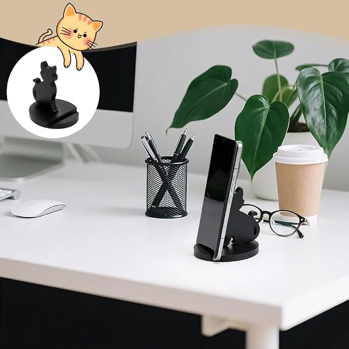 NBEADS Cell Phone Tablet Wooden Stand, Animal Phone Holder Cat Decorative Smartphone Desk Holder with Non-Slip for Various Models of Mobile Phones and Tablets, Black