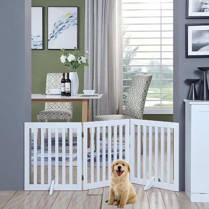 unipaws 24”H Free Standing Pet Gate for Dog Cat, 60”Wide Wooden Dog Gates | Foldable Pet Fence for Doorway, Stairs, Step, Expandable Doggy Barrier, Indoor Use, White