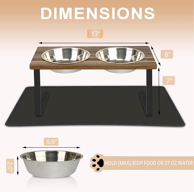 Aivituvin Elevated Dog Bowls, 15°Tilted Raised Cat Food Bowl, Walnut Wood Water Stand Feeder Set for Cats and Puppy, Pet Bowls with Anti Slip Mat(Medium)