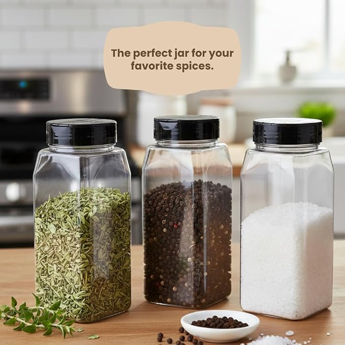 Pride Of India Large Clear Plastic Spice Jars w/Dual Sifter Cap | Food Grade BPA Free USA Made | 32 Fluid Ounce Capacity (Pack of 3)