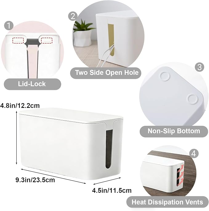 Cord Organizer Box Cable Management Hide Power Strips & Cords | Multi-Hole Shunt Design,Kid & Pet Friendly,Floor Outlet Hiders for Desk,Office,Living Room,Wire Storage,White