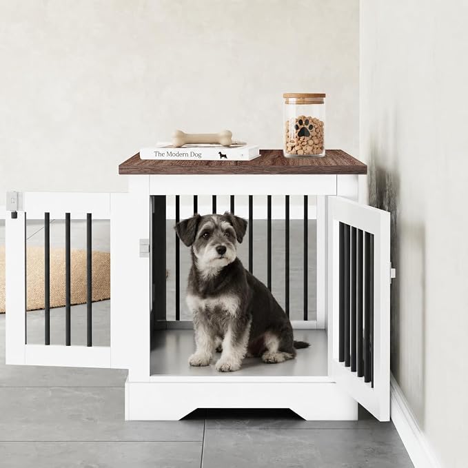 30" Wooden Dog Crate Furniture,Small Kennel Pet Cage End Table for Indoor | for Medium S XS Dogs, White and Wood, Fits Living Room Bedroom, Heavy Duty Steel Frame with Lock 25 lbs Cap, 100 lbs Top.