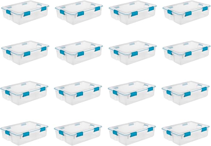 Sterilite Gasket Storage Box with Lids for Home & Office, 37 Quart, 16-Pack | Heavy-Duty, Stackable, and Organizing Containers for Bathroom, Cabinet, Closet, and Garage, Clear and Blue Aquarium Latches
