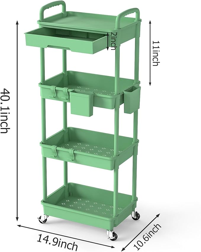 4 Tier Rolling Utility Cart with Drawer, Plastic Storage Organizer Rolling Carts with Wheels Handles Hanging Cups Hooks for Office, Bathroom, Kitchen,Craft Art Room (Green)