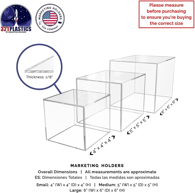 Acrylic Display Riser Boxes 3 Piece Clear Retail Product Riser 4", 5", 6" High Nesting Bins One Open Side No Lid Merchandise Storage Box by Marketing Holders