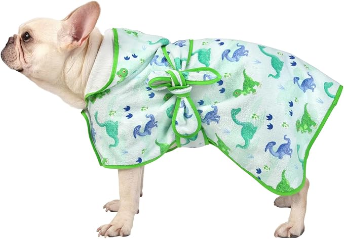 HDE Dog Bathrobe Super Absorbent Quick Drying Puppy Towel Wrap Coat Adjustable After Bath Robes with Hood for Dog Sizes S-XXL Cute Dinosaurs S