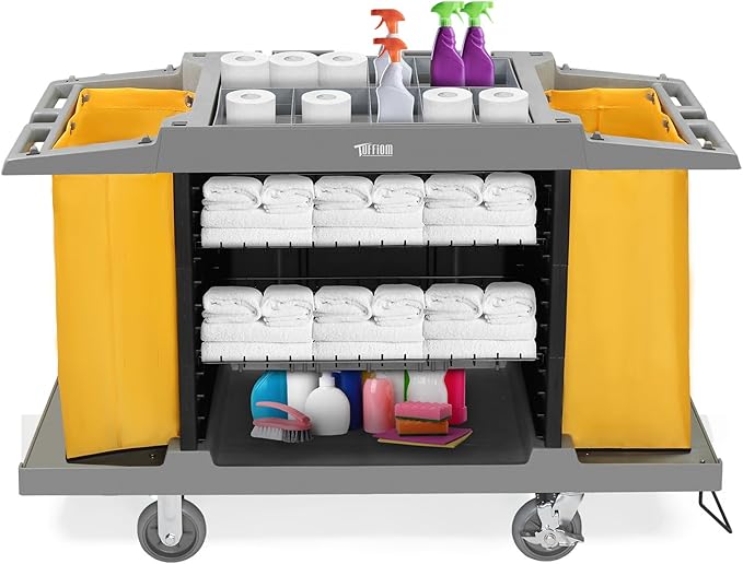 TUFFIOM Industrial Multifunctional Hotel Cart,Commercial Traditional Cleaning Janitorial Room Service Housekeeping Cart, 39" H x 58" W x 21" D,Grey