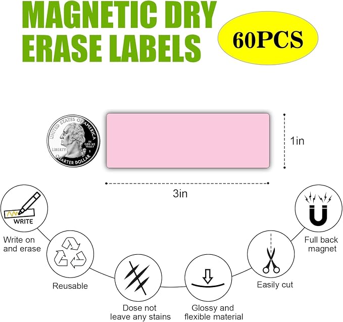 Magnetic Dry Erase Magnets Labels(1x3,Pack of 60),Organizing Schedules in Office/Classroom.Reusable Name Tags on Fridge/White Board,Pastel Colors(Light Pink)
