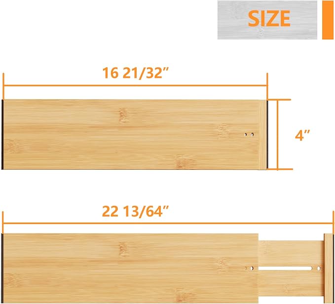 BAMEOS Bamboo Expandable Drawer Dividers – Fits 16.65"–22" Drawers, 4" Extra Deep Walls, Set of 4 | Maximum-Height Spring-Loaded Organizer for Deep Kitchen, Bathroom & Dresser Drawers