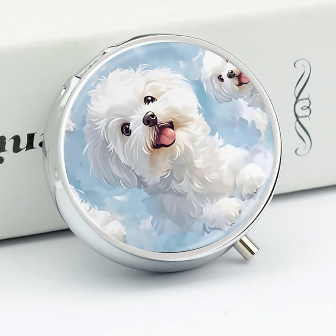 Cute White Dog Metal Pill Organizer with Mirror, 3-Compartment Travel Pill Box, 2-Inch Round Pocket Medicine Case with Secure Latch, Portable Vitamin Holder for Women & Men