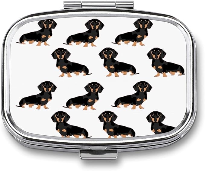 Metal Pill Organizer 2 Compartment Travel Pill Case with Mirror Waterproof & Leak-Proof Dachshund Weiner Pet Dogs Pill Boxes for Daily Meds Vitamins Supplements Fits in Purse Pocket Bag