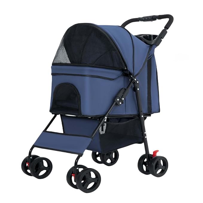 Folding Dog Carrier, 4 Wheels Pet Carrier for Small/Medium Dogs and Cats,with Multifunctional Cup Holder and Storage Basket,Portable Cat Carrier or Dog Crate for Travel Gear,Large Space (Blue)