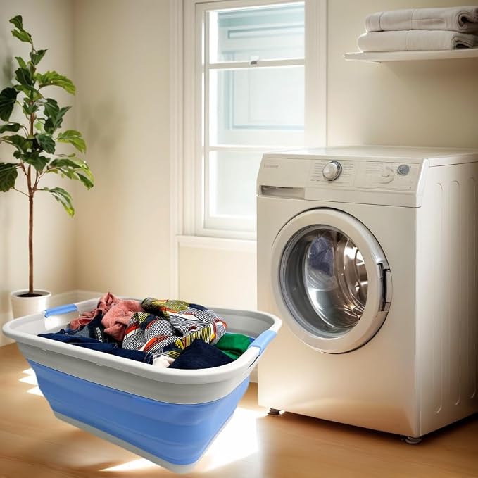 SAMMART 41L (10.8 gallon) Collapsible Plastic Laundry Basket - Foldable Pop Up Storage Container/Organizer - Portable Washing Tub - Space Saving (Grey/Little Boy Blue, Rectangular)