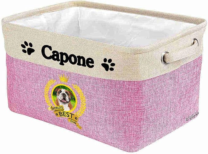 Custom Name Collapsible Dog Toy Storage Basket Bin World's Best Dog a Happy English Bulldog Foldable Pet Toy Box Closet Shelf Baskets Organizer for Bedroom Home Dog Cat with Handles Pink