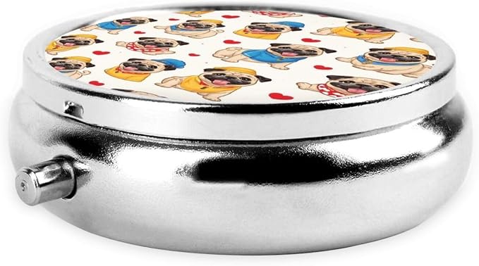 Love Pug Portable Pill Organizer | 3 Compartment, With Mirror, For Men Women, For Daily Supplements, Vitamins, Fish Oil, Jewelry, Candy, Travel