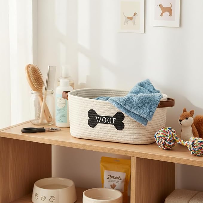 Morezi Cotton rope dog toy basket with handle, large dog bin, puppy kitty bed, dog toy basket - Perfect for carry pet toys, blankets, leashes, chew toys, diapers - Beige