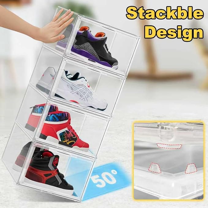 12 Pack Clear Shoe Boxes Plastic Stackable ‌Shoe Cabinet‌,Size 12.5 | Acrylic Magnetic Lids Drop Side Sneaker Display Case for Closet, Entryway, Fits Men's or Women's Shoes up to Size 12.5
