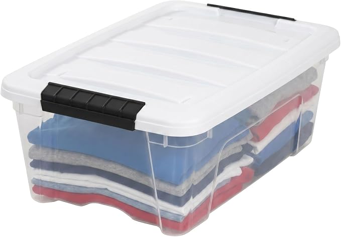IRIS USA 13 Qt Storage Bins with Lids, 6 Pack, Clear/White | Compact storage for shoes, crafts, office supplies, personal items, closet organization, and small-space storage.