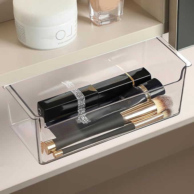 Medicine Cabinet Organizer Wall Mount,Small Pull-Out Organizer Box,Self-adhesive Under Medicine Cabinet Drawer Holder,Make Up Storage for Bathroom Mirror Cabinets, Clear