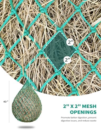 Harrison Howard 2 PCS Slow Feed Hay Net for Horses, 40 Inch Hay Bag Holds 1–2 Flakes, 2 Inch Mesh Durable Hanging Feeder for Stable, Pasture & Livestock-Grass Green
