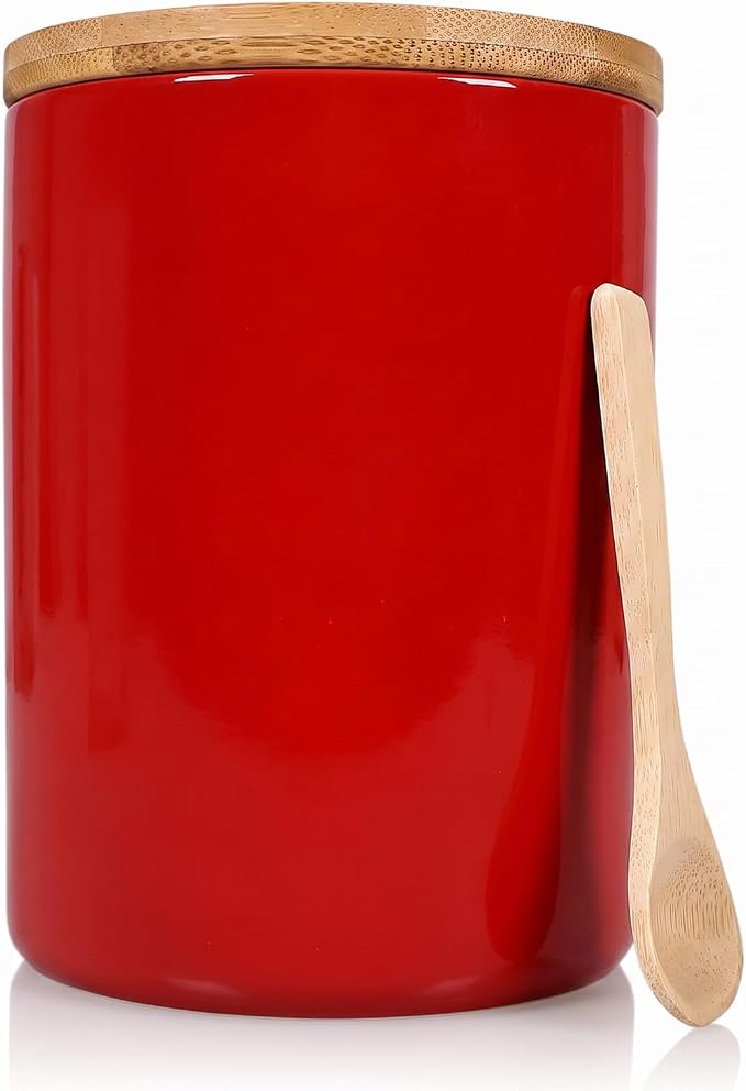 Arthausen Red Ceramic Storage Jar Canister for Flour Sugar - Airtight Bamboo Lid w/Silicone Seal, Spoon - Modern Abstract Art Design for Kitchen Counter Bathroom - 4 cup / 1080mL