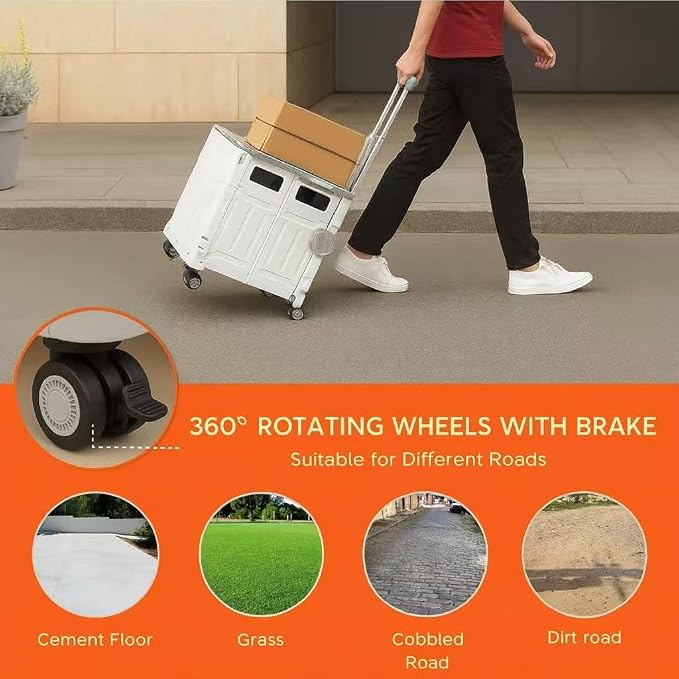Foldable Utility Cart, Portable Rolling Crate with 360° Rotating Wheels, Detachable Lid,Telescoping Handle, Collapsible Trolley for Travel, Office, Grocery, and Storage (Extra Large Green)
