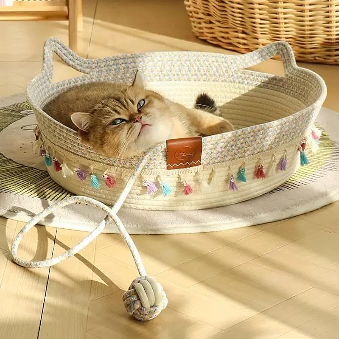 Cat Bed Basket with Play Ball - Cotton Rope Cat Beds for Indoor Cats, Kittens & Medium and Large Cat - Cat Scratching Bed with Decorative Tassels,18.9" L x 18.9" W x 6" Th