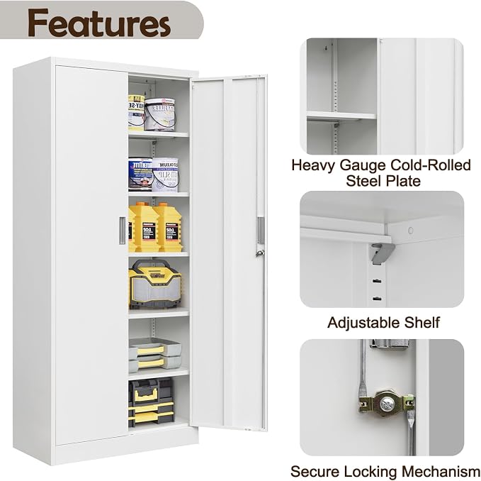 CJF 71" H Metal Storage Cabinet, Locking Cabinet with 2 Doors and 5 Adjustable Shelves, White Tall Cabinet for Garage, Home, Office, Pantry, Workshop, School