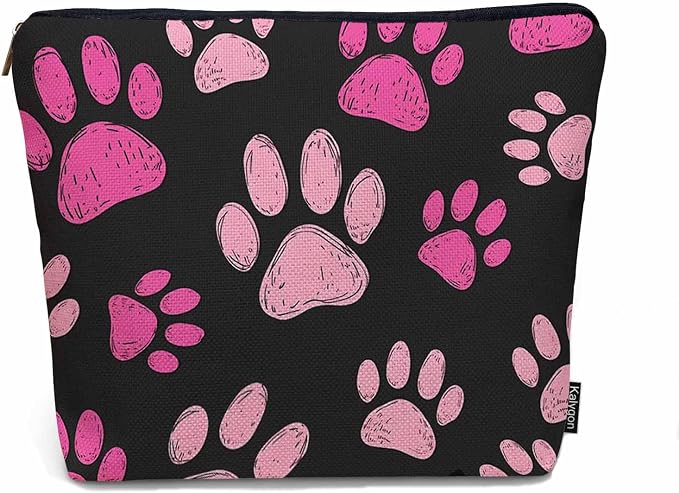 Women Cosmetic Bag Dog Paw, Pet Cat Paws Dog Prints Footprint Cute Makeup Bag For Purse Cosmetic Travel Bag For Toiletries Makeup Storage Bag Flax Skincare Bag Make Up Pouch Bags, Pink Black