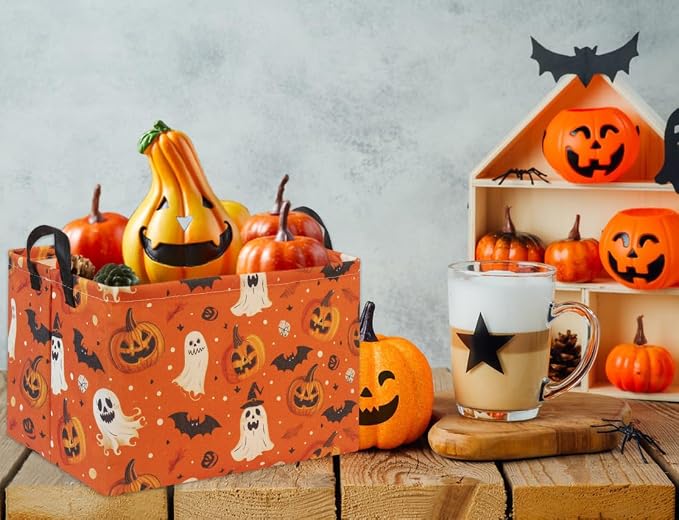 Rectangular Halloween Basket for Boys and Girls Kids Trick or Treat Pumpkin Basket for Halloween Parties Cute Storage Bin Organizer Box Room Decor(Yellow Pumpkin Ghost)