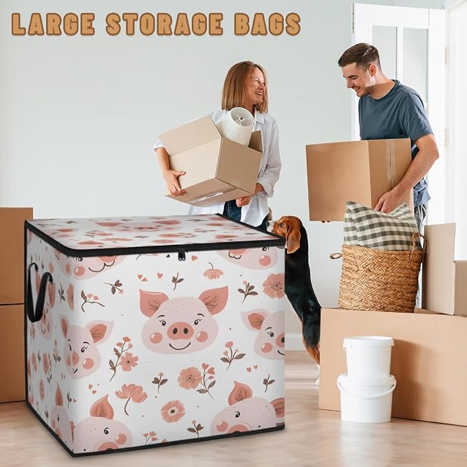 Floral Pig Large Storage Bags, Fabric Bed Storage Containers, Foldable Closet Organizers for Blanket, Clothing, Comforter, Bedding, Cute Pig