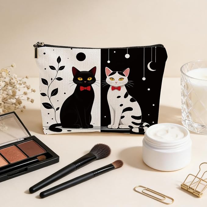 Cute Black White Cat Makeup Bag Cats Gifts Cosmetic Bag Zipper Pouch | Travel Toiletry Bags Christmas Birthday Gifts for Women Mom Girls Sisters Daughters Friends Cats Lover Pet Owner