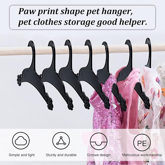 AHANDMAKER 20 Packs Pet Apparel Hangers, Black Pet Clothes Hangers Lovely Plastic Flexible Strong Paw Print for Dog Cat Pet Small Coat Hanger, 5x8.86inch