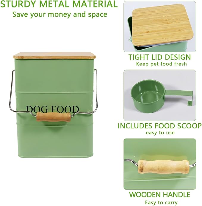 Morezi Metal Dog Food Storage Container 5~6 lbs, Pet Food Treat Canister | Airtight Dog Treat Food Storage Tin with Wooden Lid and Scoop- Powder Coated Carbon Steel- for Dry Dog Cat Food Kibble-Green