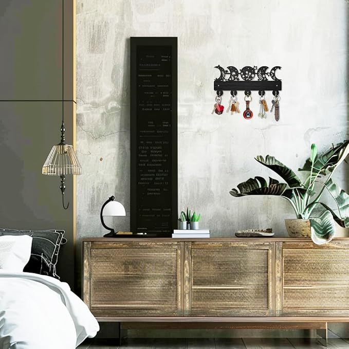MAYJOYDIY Moon Phase Star Coat Rack Wall Mount Wooden Floral Moon Key Holder for Wall 11.8×5.5inch 5 Alloy Hooks Dreamy Wall Art Decor Black Key Rack Organizer for Gift Entryway Hallway Kitchen Room