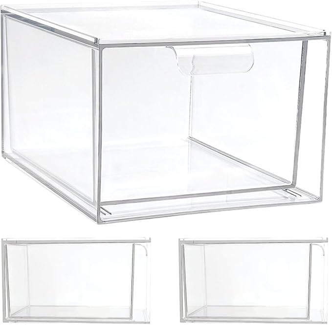 4pcs Stackable Plastic Storage Drawers with Handles and Removable Dividers, Pet Cosmetic Organizer Bins for Makeup Bag and Office Desktop Storage