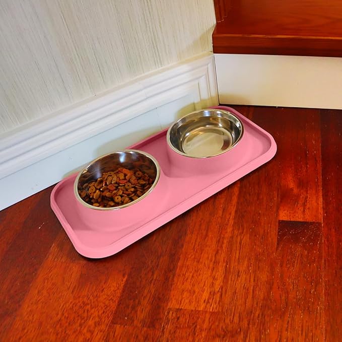L.D.Dog Cat Food Bowls, Cat Bowls Non-Skid and Non-Spill Silicone Pads with PP Stand, Removable Stainless Steel Food and Water Dishes for Cats, Small Size Dogs