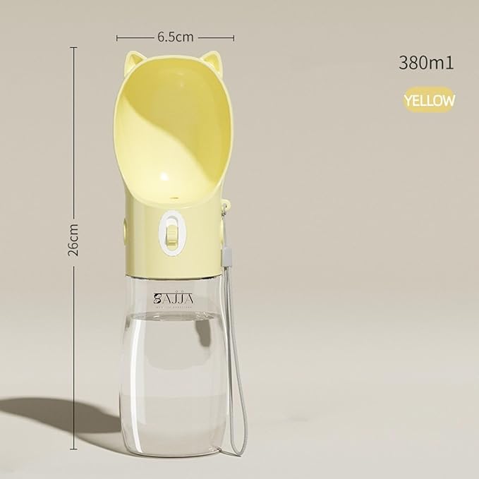 Dog Water Bottle Dispenser 380ml – Leak-Proof Lock, One-Hand Operation | Portable Pet Travel Water Bottle with Built-in Bowl | Yellow