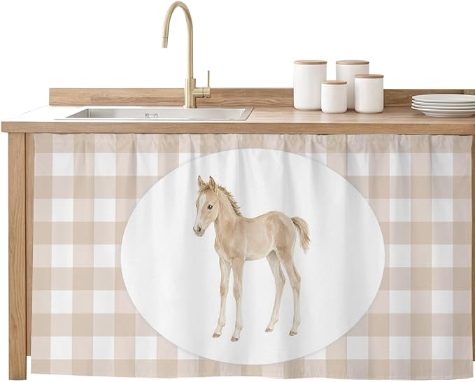 Graceful Pony Cabinet Curtains 28"x51" Sink Skirt for Bathroom Kitchen, Natural Horse Modern Farmhouse Plaid Rustic Self Stick Adhesive Under Desk Covers Tall Laundry Cabinet Storage Organizer