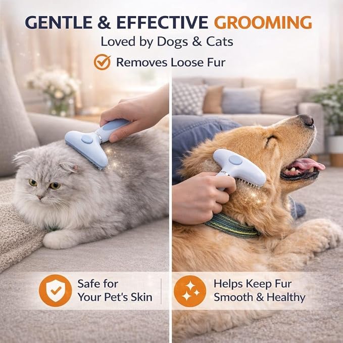 Self Cleaning Dog Brush for Shedding – Undercoat Rake for Dogs & Cats, Deshedding & Dematting Tool with Dual Stainless Steel Teeth, Removes Loose Fur for Thick & Double Coats