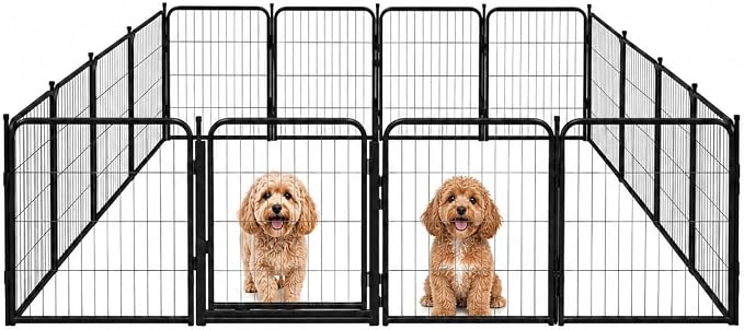 Dog Play Pen for Indoor Use - 24'', 16 Panels for Small and Puppy Size Dogs - Metal Heavy Duty Pet Fence with Anti-Slip Feet - Portable Black Playpen Kennel for House or Garage