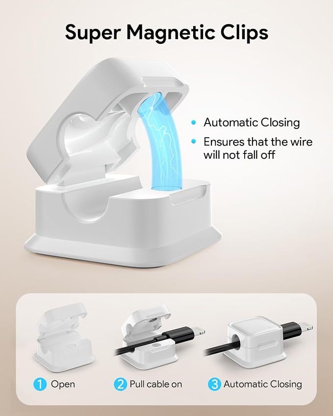 Cord Organizer, Magnetic Cable Clips, Under Desk Management, 9 Pack, White | 0.27in Cable Compatible,Strong Adheive Wire Holder Keeper,Easy Open Phone Charger Holder for Home Car Desk Nightstand Office