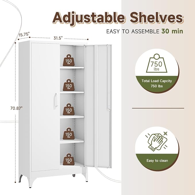71" H Metal Storage Cabinet with 2 Doors and 4 Shelves,Tall Kitchen Pantry Cabinets,Utility Pantry Organizers for Cupboard/Dining/Bathroom/Home Office/Garage, Steel Tool Cabinets