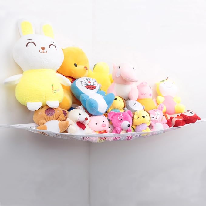 Stuffed Animal Storage Hammock - Small Plushie Net - Corner Hanging Stuffed Animal Net Organizer Holder for Teddy Bears Stuffies - Stuffy Hammock for Bedroom (White)