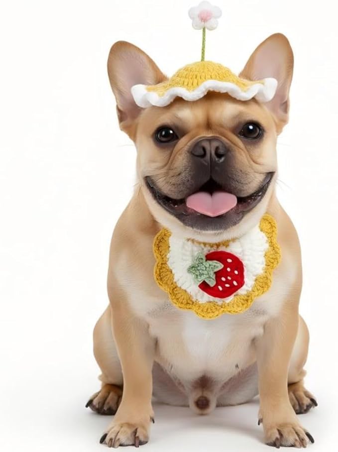 Handmade Cat Outfit – Yellow Flower Dog Hat & Strawberry Dog Costume for Cats,Rabbits and Small to Medium Dogs, Adjustable Cute Outfit for Cat Birthday, Holiday, Daily Wear & Photos