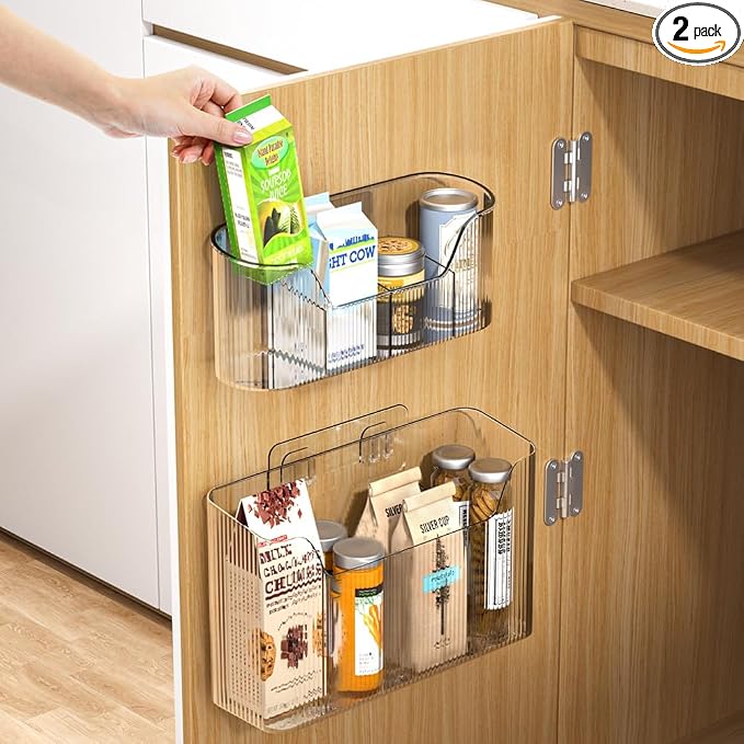 2PCS Cabinet Door Organizer,Self Adhesive Kitchen Cabinet Organizer,Cabinet Door Storage Box for Bathroom/Kitchen/Living room,Storage shelf rv must haves. (transparent)