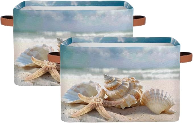 SEULIFE Summer Ocean Sea Beach Seashell Starfish Foldable Storage Basket, Large Collapsible Organizer Storage Bin Cube Toys Storage Boxes with Handles for Bathroom Kids Nursery Closet Storage, 2 Pack