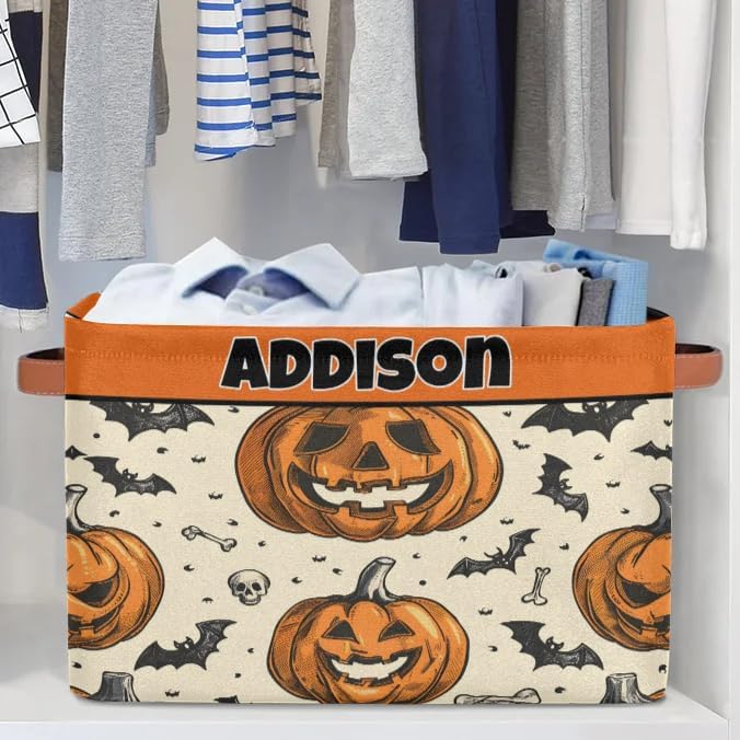 Custom Name Storage Basket Happy Halloween Pumpkin Bat Storage Box Bins Organizing Kids Pets Toys Closet Shelf Clothes Books